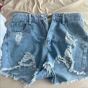SHEIN Blue Jean Shorts Distressed High-Waisted Frayed Hem